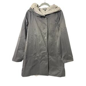 Eileen Fisher Reversible Black Gray Hooded Rain Coat Sz Sm
